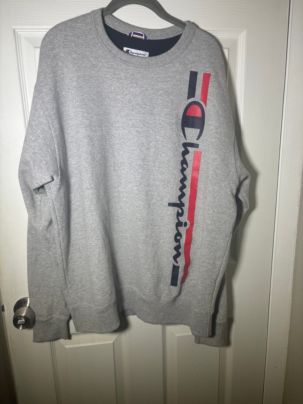 Champion Crew Sweatshirt Vertical Stripe Logo Men's Grey size Large Spellout